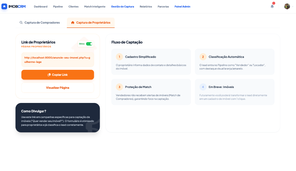 Gestão de Captura de Proprietários - Sistema automatizado com proteção de Match